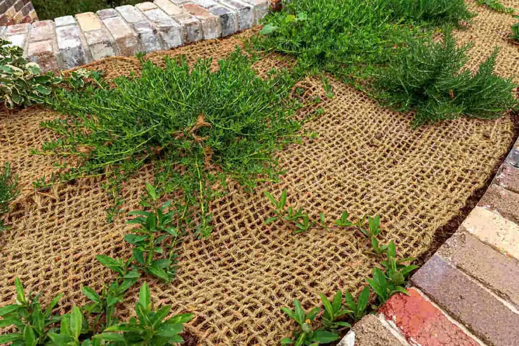 Geotextile Fabric Under Patio used for weed control in landscaping, showing fabric layer preventing weed growth beneath paver base construction