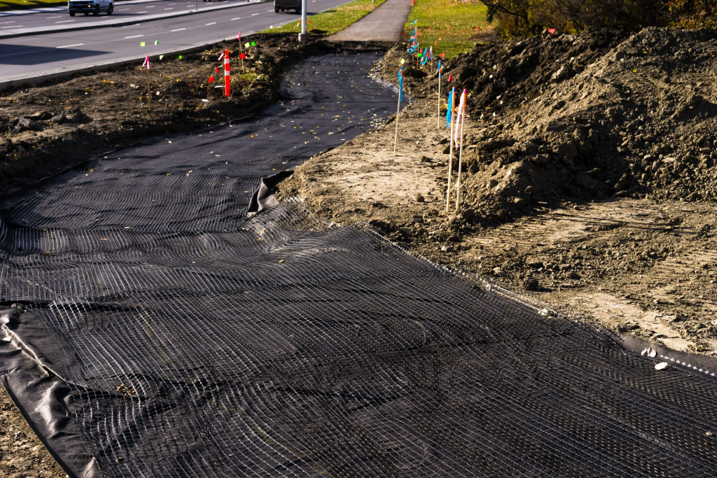 Geotechnical engineering construction project using geonet material in soil stabilization applications