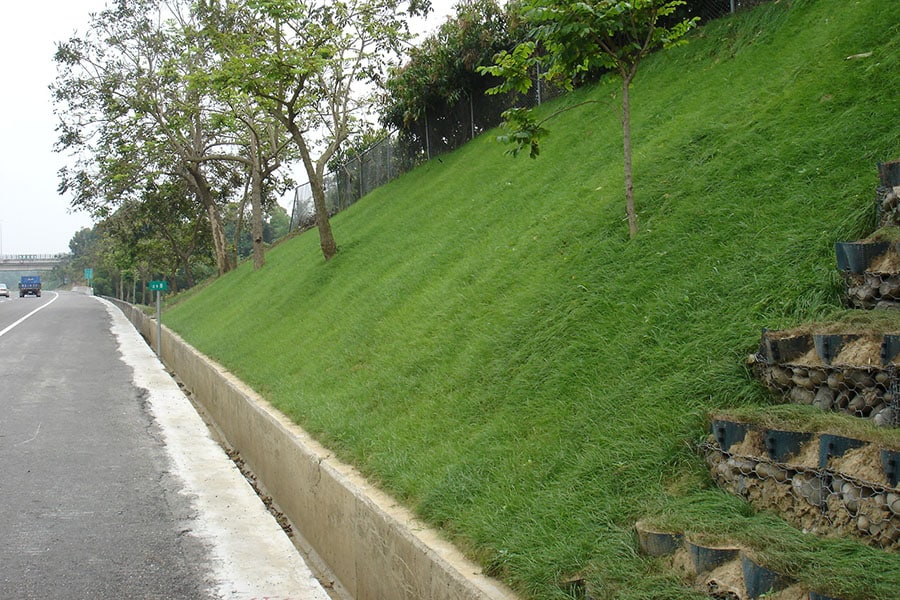 Geogrid Grass Pavers installed in a landscaped garden pathway, showing grass-filled grid pavement supporting light vehicle and pedestrian traffic with natural green surface and drainage performance.