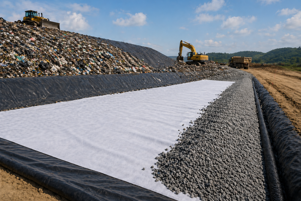 landfill engineering application showing nonwoven geotextile Solve foundation settlement for drainage and stability
