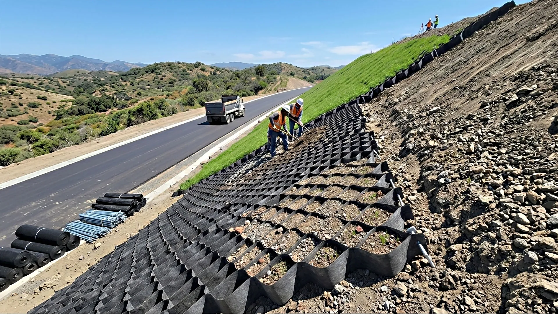 Geocell erosion control system for road embankment reinforcement project