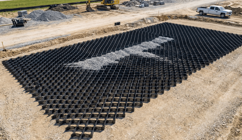 Geocell shed base cellular confinement technology for road construction